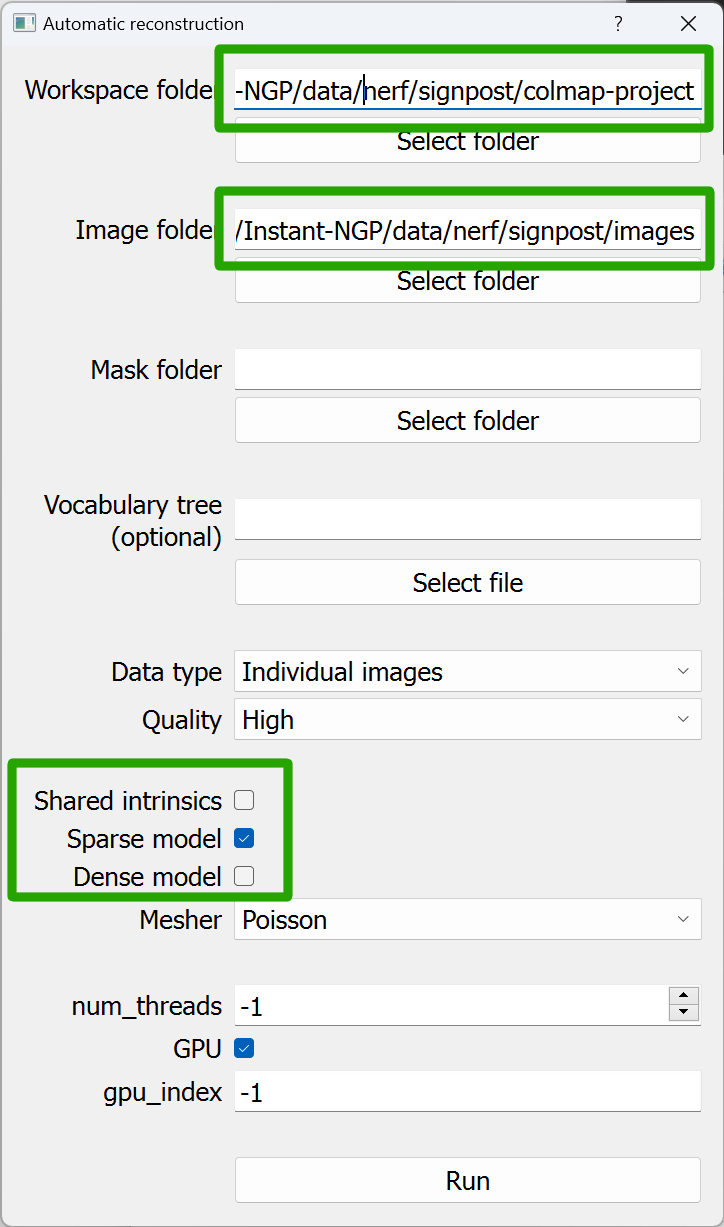 COLMAP automatic reconstruction settings dialog
