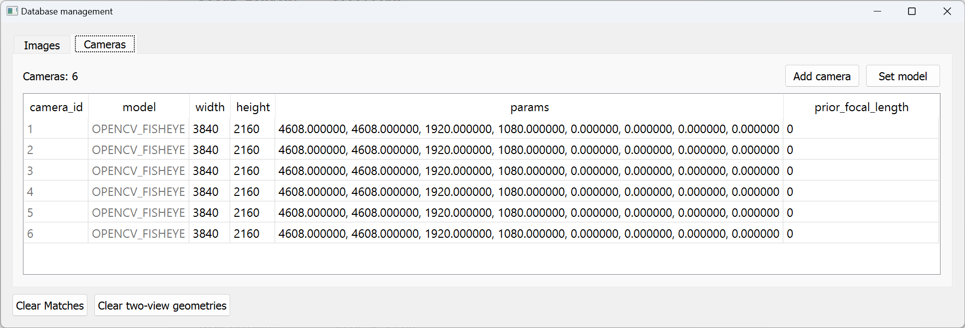 COLMAP database dialog showing list of 6 cameras