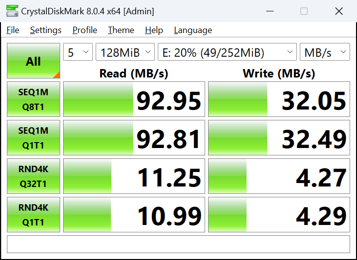 Crystal DiskMark benchmark for 32GB Samsung EVO Plus