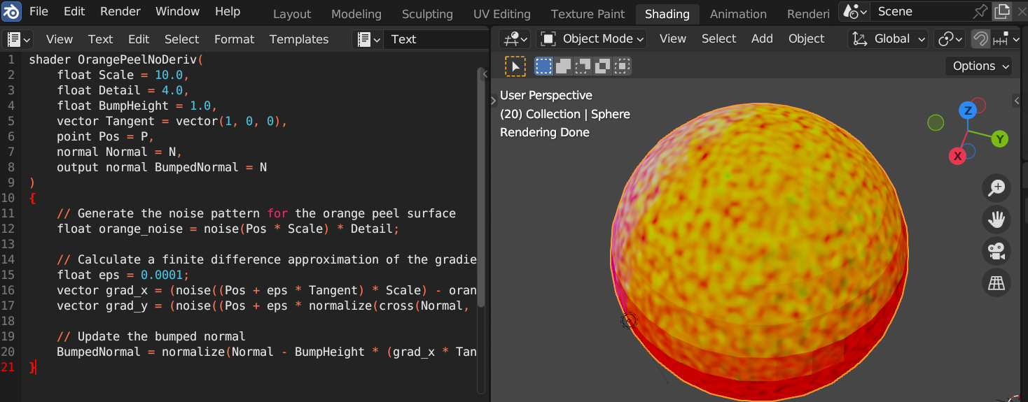 Blender screenshot with OSL source on left and orange-ish model on right