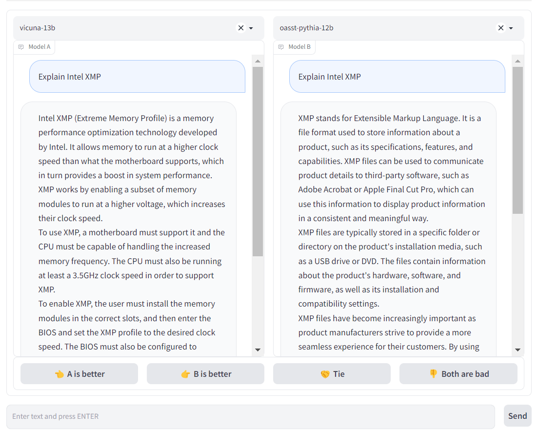 Fastchat model comparison showing two chatbot answers side-by-side