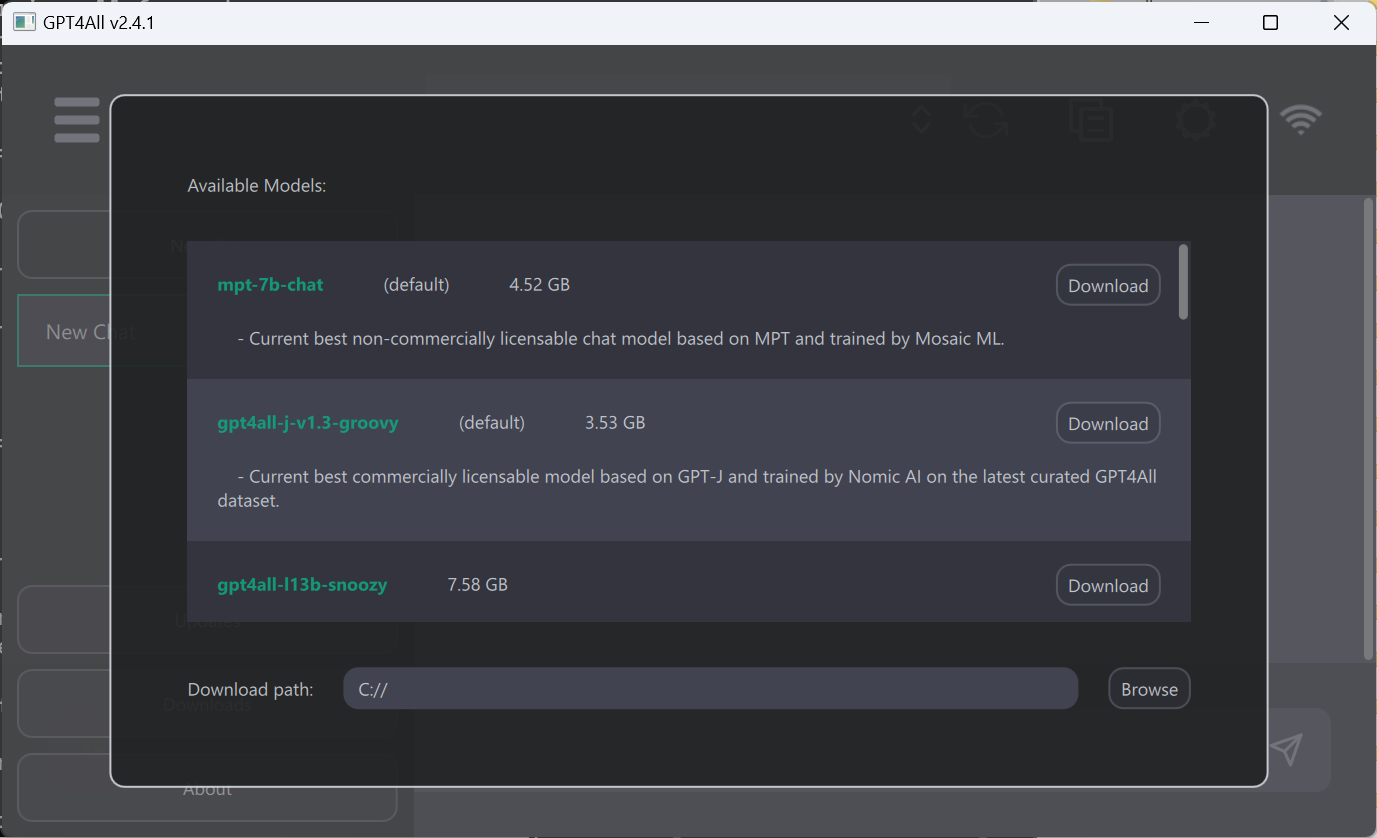 Download dialog in GPT4All